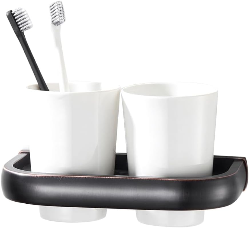 Vintage Copper Wall Mounted Double Toothbrush Holder with Ceramic Cups Heavy Duty Toothbrush Rack for Bathroom and Hotel Decor Black