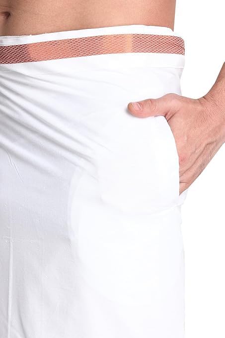 Global Men's 100% Pure Cotton White With Gold Jari Lungi in Size 2 Mtrs Single Lungi pocket dhoti- Pack Of 1