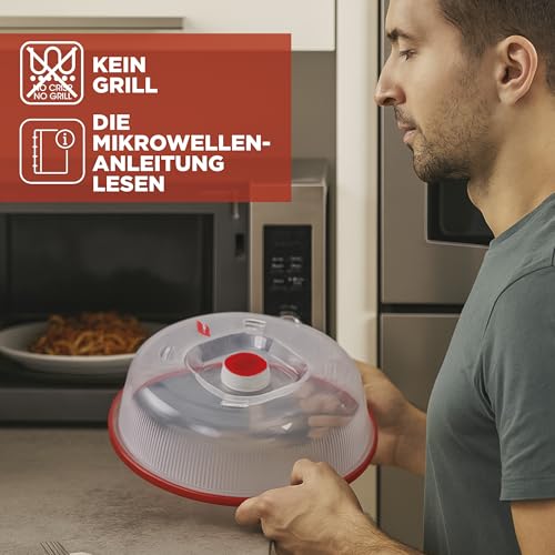 Snips, Mikrowellenglocke, Mikrowellendeckel, 26,2 x 26,2 x 7,6 Mikrowellenabdeckhaube, Transparente und rote Mikrowellen Spritzschutz, Made in Italy