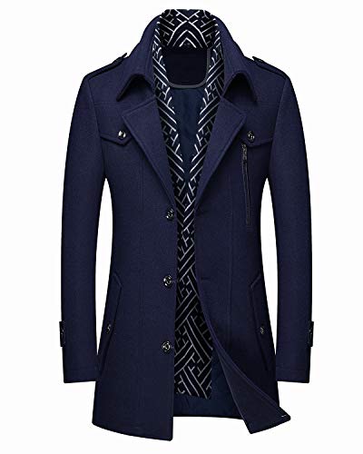 Image of PRIJOUHE Men's Wool Blend Jacket Single Breasted Slim Fit Thick Winter Windproof Pea Coat with Removable Scarf