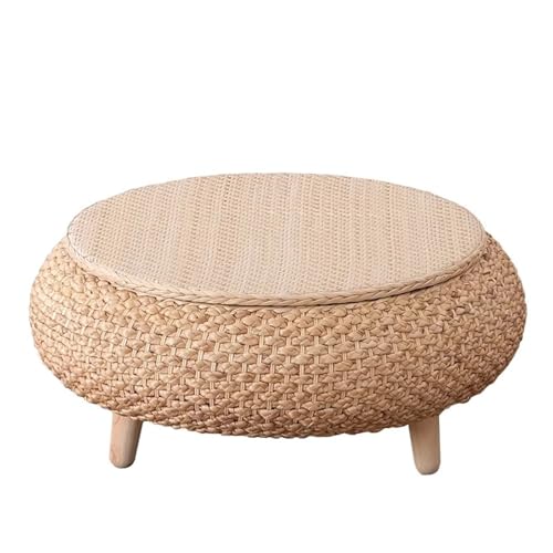 Table basse ronde en rotin avec rangement – Table d'appoint de style vintage faite à la main pour salon, balcon et cafés (50 x 25 cm)
