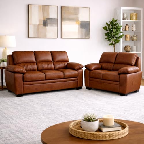 Image of Torque Jett Leatherette 3+2 Seater Sofa Set for Living Room-Tan | Sectional Sofa 5 Seater 3 Plus 2 | Five 5 Seater Leatherette Sofa for Seating and Sleeping