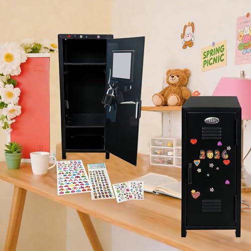 Image of Mini Locker with Lock Key Stickers Box Metal Small Locker Mini Locker Miniature Storage Girls Lockbox Desktop Storage Organizer for Cash Money Jewelry Safe Dollhouse Furniture Accessories (Black)