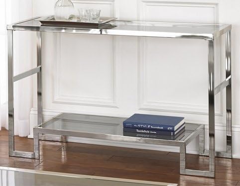 Contemporary Modern Chrome Metal and Glass Sofa Console Table - Narrow Side Table for Living Room - Hall Entryway Table - Hallway Furniture