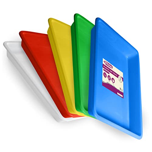 SOLSTM Plastic Tray 5 Pack - BPA-Free Plastic Trays, 5 Colours, Stackable, Easy to Clean Paint Trays for Children, Messy Play Tray for Arts and Crafts, Organising Beads, School/DIY Projects (28x21cm)