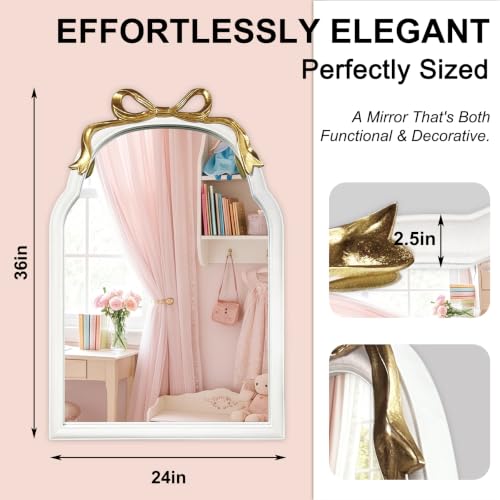 Image of 28x28 inch Bow Mirrors for Wall, Round /Circle God Decorative Wall Mounted Mirror, Irregular Mirrors Suitable for Bedroom, Hallway, Living Room Decoration, Nursery, Girls Room (Arch White 36 inchLX24 inchW)