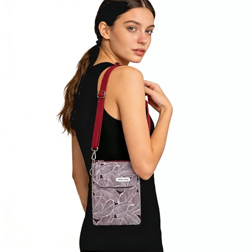 Image of LassZone Canvas Cute Crossbody Bags for Women Mini Shoulder Handbag Cell Phone Purse Wallet Leaves Pattern Coin Pouch, Red Purle, 7.6*5.5*1.5 inch
