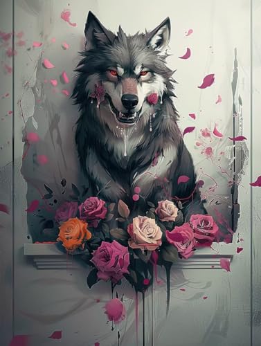 Fleur peinture diamant enfant et adulte pour décorer le salon avec un tableau loup 60x80cm