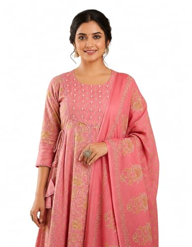 Image of Pure Cotton Anarkali Kurta Set for Women with Dupatta | 3 Piece Cotton Anarkali Suit | Floral Aari Work | Flared Ethnic Wear