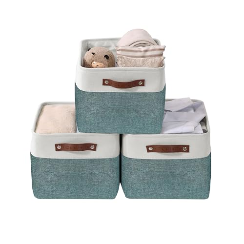 Image of DECOMOMO Storage Bins, Large Fabric Storage Baskets for Shelves, Decorative Linen Closet Organizer, 15 x 11 x 9.5 inches (Green & White, 3 Pack)