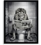 WRFON Framed Lion Bathroom Wall Art, Funny Lion Reading Newspaper on Toilet Bathroom Artwork, Bla...