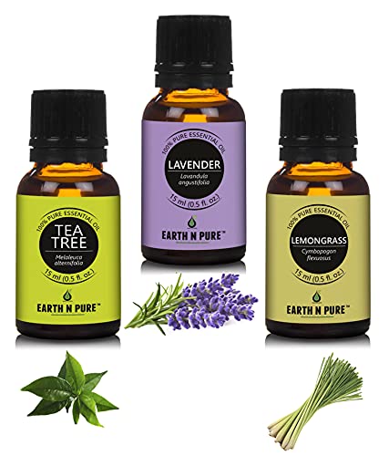 Image of Earth N Pure Lavender, Tea tree & Lemongrass Essential Oils | Pack Of 3 (15 ml each) | 100% Pure, Undiluted, Natural And Therapeutic Grade - Perfect for Aromatherapy, Skin Therapy & More