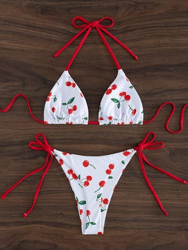 Image of Tainehs Women's Sexy Halter Thong Bikini Tie Two Sides Bottom Triangle Bikini Swimsuits