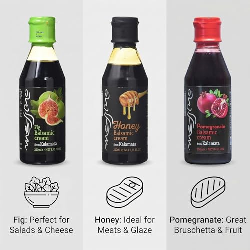 Messino Gourmet Balsamico Creme Set – Feige | Honig | Granatapfel – 3er Pack (3×250 ml) – Aus 100% griechischen Zutaten – Ohne Zuckerzusatz, vielseitig für Dressing & Kochen
