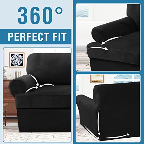 Sofa Cover 2 Piece T Cushion Armchair Slipcovers Thick Velvet Couch Cover Furniture Protector Stretch T Cushion Sofa Covers For 1 Cushion Couch With 1 Individual T Cushion Covers Washable, Black #TOP6