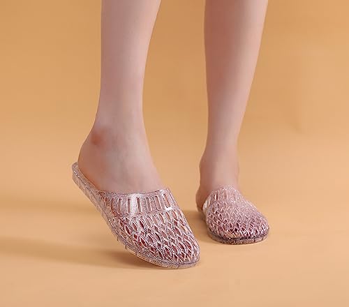 Image of Womens Jelly Shoes, White Jellies Sandals Glitter Clear Flats Slip On Summer Beach Slippers Transparent Closed Toe Soft Slide