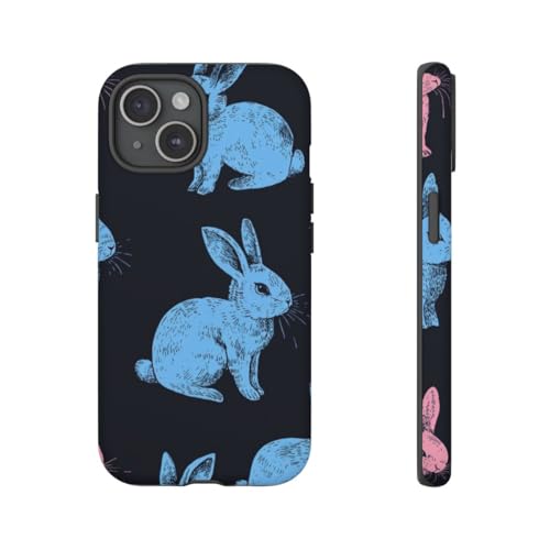 Coque rigide iPhone 15 motif lapin coloré et fond noir mat protectrice