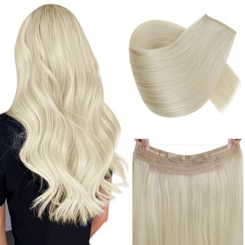 RUNATURE Invisible Wire Hair Extensions Real Human Hair White Blonde Invisible Fish Line Hair Extensions Human Hair White Blonde One Piece Straight Hiar 14 Inch 70g #60