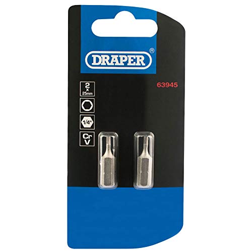 Draper 64340 6mm 1/4" Hex Hexagonal Insert Bit 75mm Long (2 Piece), Chrome, 6mm, 75mm Long - Image 3