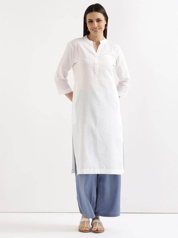 Image of SAADAA Women's Linen Straight Fit Straight Long Kurta Airy Plain Kurta, 3 /4 Sleeve, Knee Length Kurtis with Pockets, Casual and Office Wear