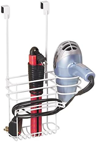 mDesign Metal Bathroom 2 Section Storage Tool Organizer Basket Tray - Hang Over Cabinet Door - Storage for Hair Dryer, Straightener, Curling Iron, Styling Products - Concerto Collection - White