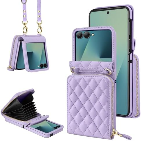 Vofolen for Samsung Galaxy Z Flip 7 Case with Card Holder Crossbody 8-Card Slots Wallet Case with Adjustable Strap Soft PU Leather Protective Zipper zflip7 Phone Cover for Women Girls, 6.9'' Purple