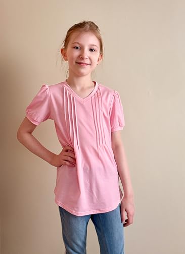 Arshiner Girls Puff Short Sleeve Shirts Pleated Tunic Top Casual V Neck Summer Kids Blouse Tee2
