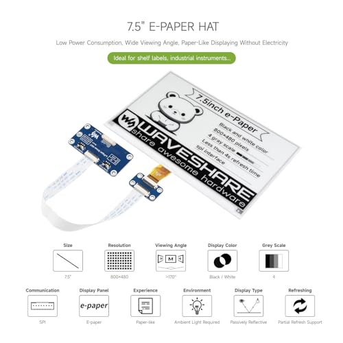 Waveshare 7.5 inch E-Paper Display Hat V2 for Home Assistant & ESPHome Projects 800x480 3.3v/5v E-Ink Electronic Screen with Embedded Controller SPI Interface for Raspberry Pi/Jetson Nano/STM32