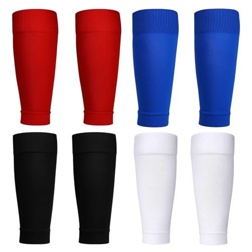 Football Sock Sleeves, white football socks,football sleeve socks, 4 Pairs Multi-Colour Cotton Sleeve Socks for Football, Running and Training, White, Black, Blue, Red