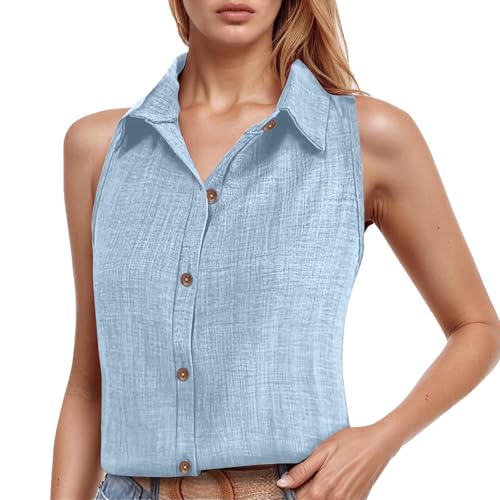 Chemise sans manches en lin femme gilet tendance été boutonne casual
