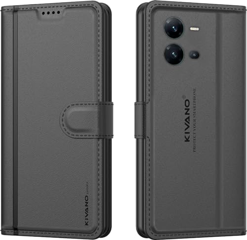 Image of KIVANO LUXE Compatible for Vivo V25 5G Luxury Handmade Leather Magnetic Flip Folio Case | Card Holder & Kickstand | Slim Protective Cover | Unisex - Black