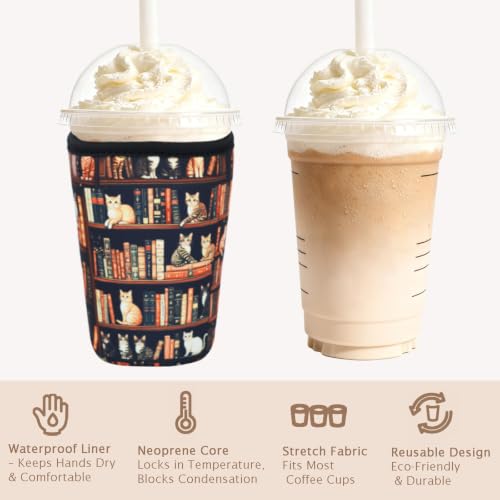Image of Reusable Insulated Neoprene Iced Coffee Cup Sleeve, Durable Drink Sleeve for Cold Beverages, Beverage Holder for Iced Coffee (Cat Library)