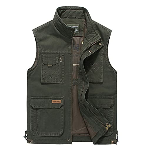 WFEI Men's Vest Reporter Travel Vest Men Cargo Sleeveless Jacket Multi Pockets Male Waistcoat,Green,L