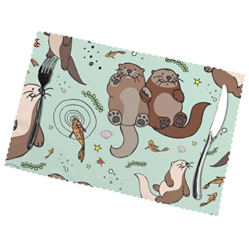 Cartoon Cute Otter Placemats For Dining Table Set Of 6 Washable Placemats For Dining Table Indoor Outdoor Heat Resistant Stain Resistant (12X18 Inches) #TOP2