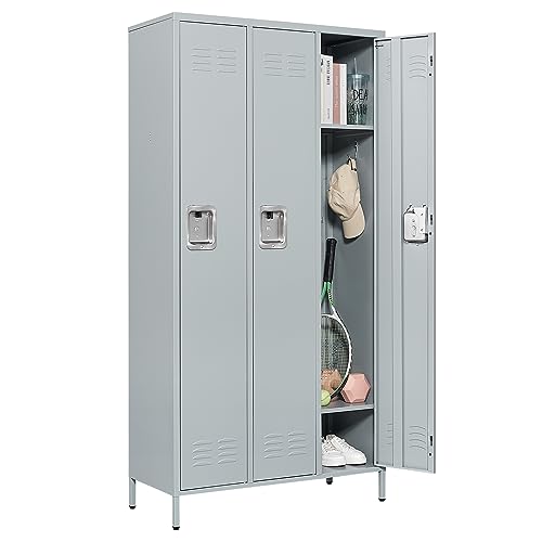 MIIIKO Metal Lockers Single Door 3-Wide, 72" x 36" x 16" Storage Locker Units, Space Saving Employee Locker with Storage Shelves, Lockable Doors and Hanging Hooks