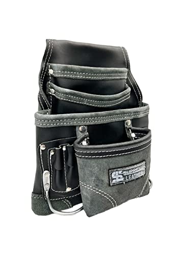 Tool Pouch For Construction | Carpenter Tool Bag Pouch | Electrician's Pouch | 10 Pockets 2 Stainless Steel Hammer Holders Oil Tan Leather Constructors | Handyman | Framers (Grey) #TOP3