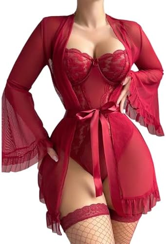 Drakonara Women's Sheer Lace Lingerie Set Sexy Seductive Bodysuit with Matching Robe and Fishnet Stockings Red