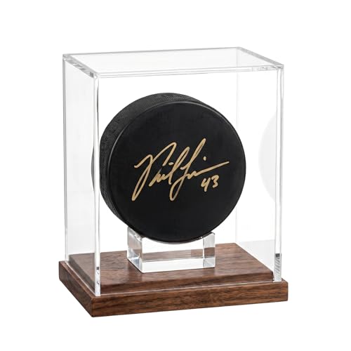 Happyseason Hockey Puck Display Case Black Walnut 93.8% UV Protection (290400nm Full Spectrum) Tested by SGS Solid Acrylic Cradle Stand Holder for Single Autographed Puck Black & Gold Gift Box