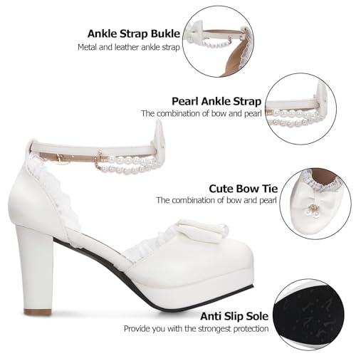 Women's Block High Heel Bow Tie Ruffles Pearl String Bead Lolita Pumps Goth Ankle Strap Sweet Princess Shoes3