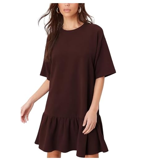 Women's Peplum Mini Dress Dropped Waist Ruffle Hem Oversized Fit Dress Crew Neck Casual Dress with Pockets(WineRed-L)