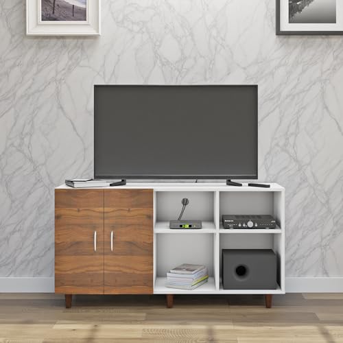 Image of VIKI Modern TV Unit for Living Room | Engineered Wood TV Cabinet with 2 Door Storage & 2 Open Shelves, Entertainment Unit, 140W x 74H x 40D cm | DIY | 1 Year Warranty (White & Walnut)