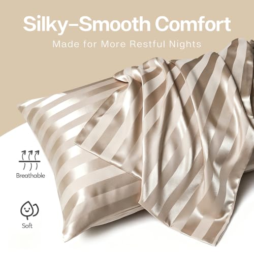 MR&HM Satin Pillowcase 2 Pack, King Size 20"x40", Champagne Striped by MR&HM - Used condition - Image 3