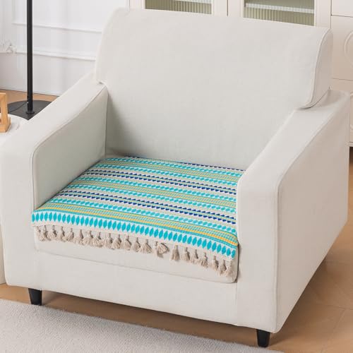 Image of HOKIPO 'Artisan Boho Series' Sofa Cover Mat with Tassel for 1 Seater Sofa | 450 GSM Thick Cotton Acrylic Jacquard Fabric, Aqua Blue (IN-901-A4*S)