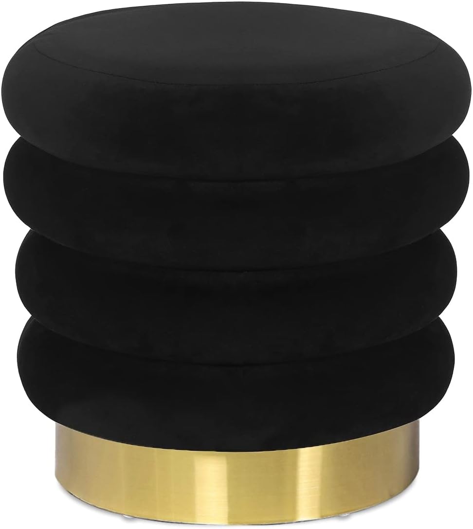 Adeco Round Velvet Ottoman Upholstered Foot Stool Black Wood, Velvet