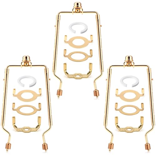 Image of Tujoe 7 8 9 10 Inch Lamp Shade Holder, 3 Sets Lampshade Bracket Kit Adjustable Lampshade Harp Holder Parts Fits Standard Lamp Pole and E14 E26 E27 Adapter Converter Finial Set, Golden Bracket