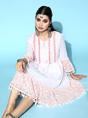 Image of ishin Women's Cotton Embroidered A-Line Knee Length Dress