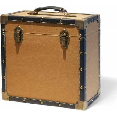 Steepletone 12 Vinyl Record Storage Box Case, with Carry Handle, Luxury Fabric and Leather Finish, Holds up to 45 LP's (Tan Cloth & Black Leather)
