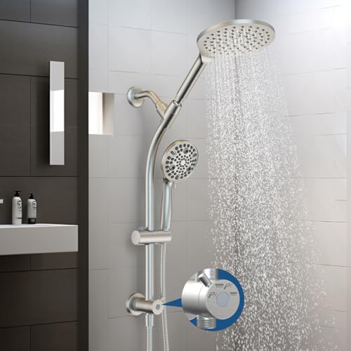 Regadera dual giratoria de 7,5 pulgadas con cabezal de mano, combinación para niños con diverter de 3 vías, barra deslizante ajustable para toda la familia, disfruta de una ducha tipo spa con lluvia de alta presión, acabado niquel cepillado miniatura 1