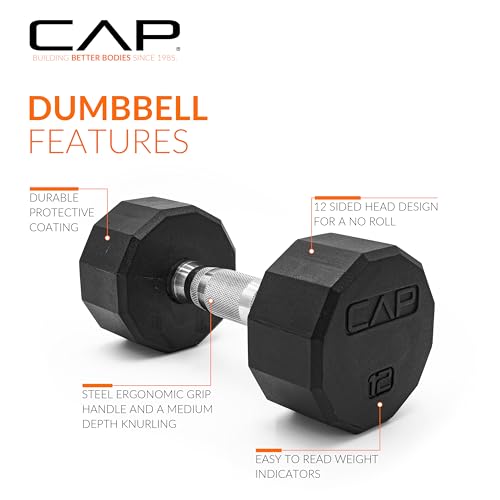 Image of CAP Rubber Coated Dumbbell Weights, Free Weights for Home Gym Strength Training, Anti-Roll Hex Dumbbells with Black, Chrome & Comfort Grip Handles, Singles