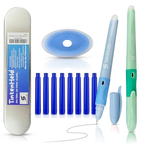 SKOOLED Tintenheld radierbarer Füller 2er Set Hellblau und Mintgrün - kein Tintenkiller nötig, geschützte Feder, ergonomischer gummierter Griff, blaue schnelltrocknende Tinte, 8 Patronen, Metalletui